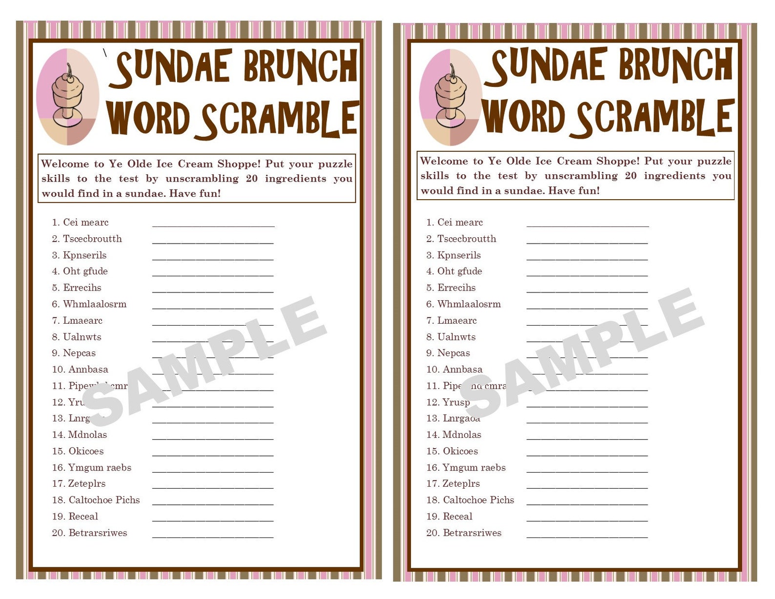 Ice Cream Sundae Printable Word Scramble Game Food Games Etsy
