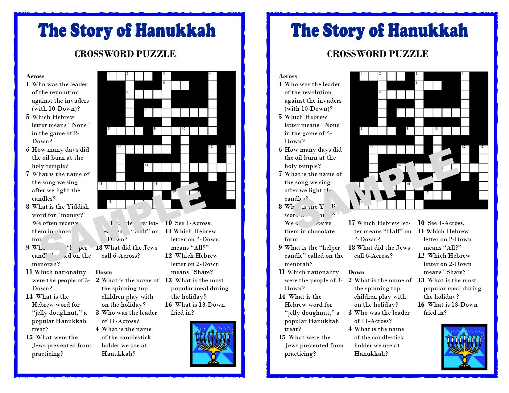 Hanukkah Crossword Puzzle Etsy