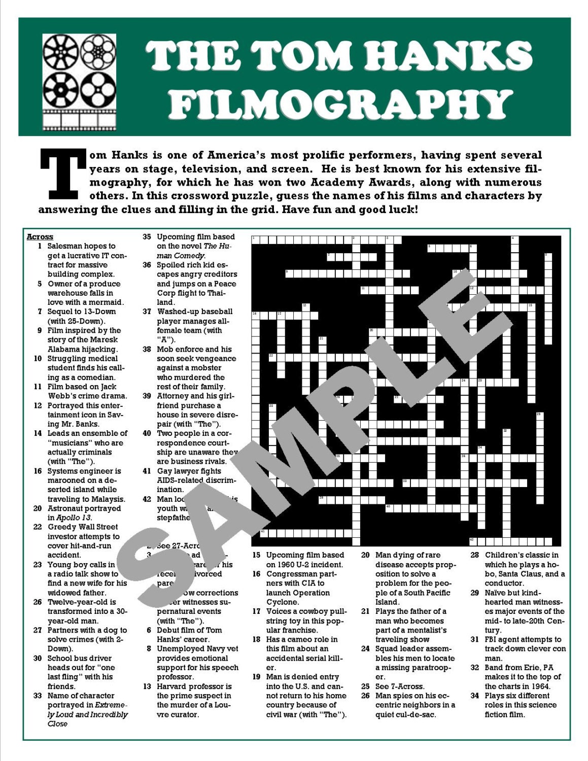 Movie Fan S Printable Crossword Puzzlecustom Digital Etsy