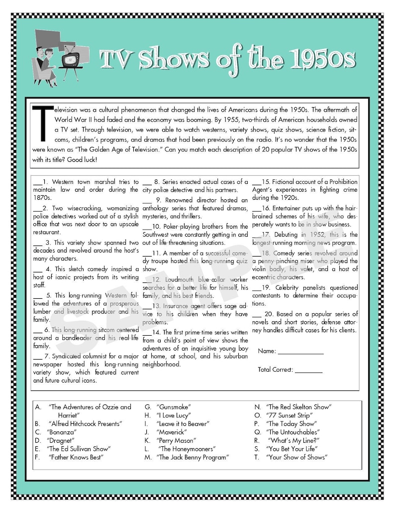 Tv Shows Of The 1950s Printable Matching Game Tv Trivia Etsy