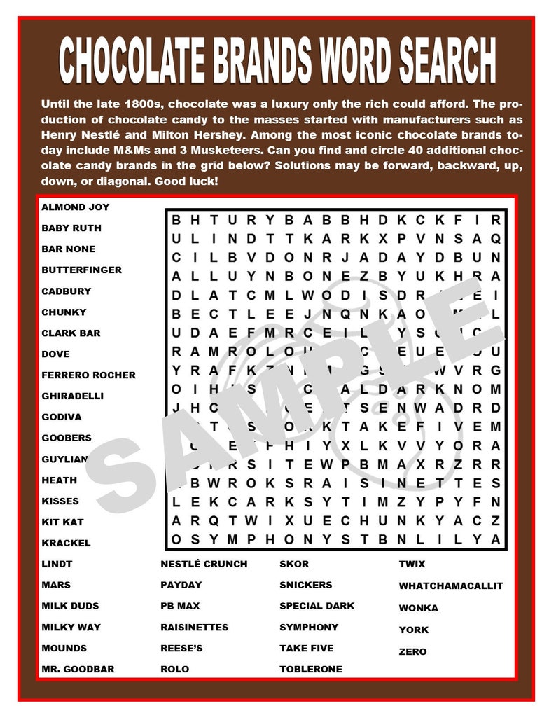 chocolate brands printable word search candy themed games etsy