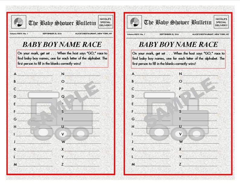 Baby Boy Name Race Newspaper Theme Baby Shower Game Newspaper Etsy