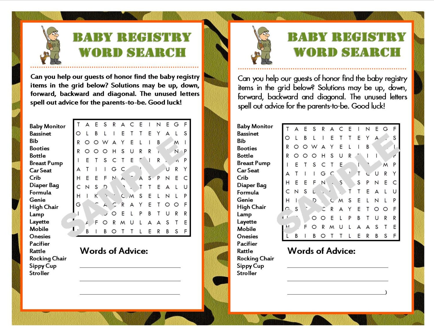 Baby Registry Camouflage Printable Word Search With Hidden Etsy