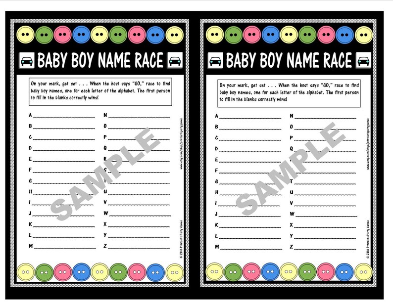 Button Themed Baby Boy Name Race Printable Baby Shower Game Etsy