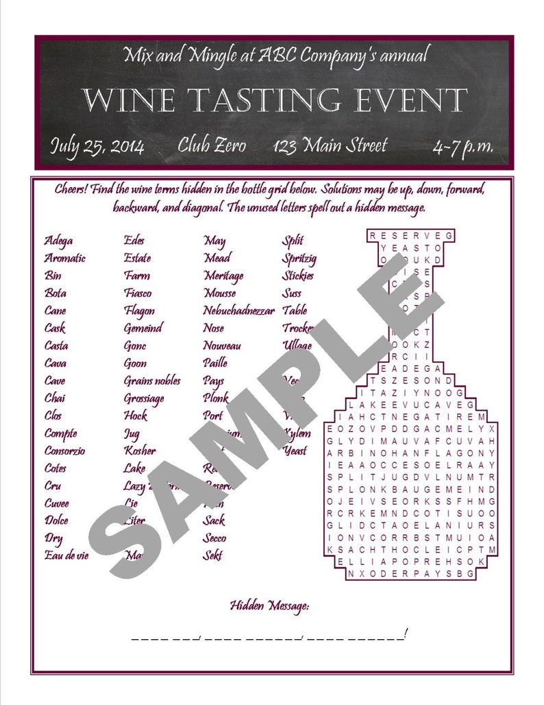 and More CUSTOM DIGITAL FILE Wine Terms Printable Word Search--Personalize for Birthdays Girls/' Night Out Wine Tastings