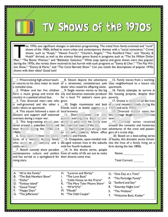 Tv Shows Of The 1970s Printable Matching Game Tv Trivia Etsy
