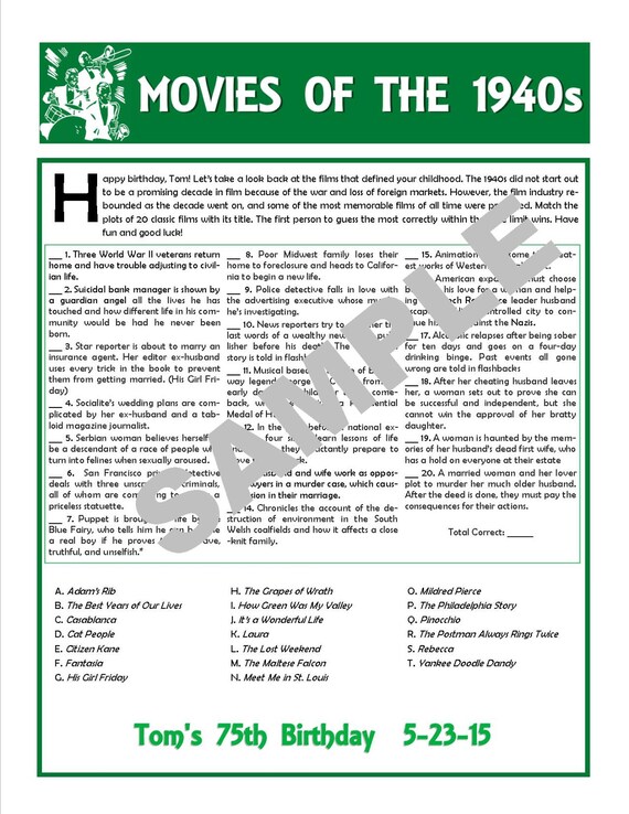 Movies Of The 1940s Printable Matching Game Movie Trivia Etsy