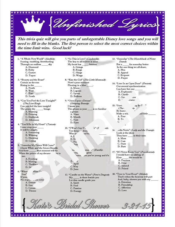 Unfinished Lyrics Printable Game Custom Digital File Etsy