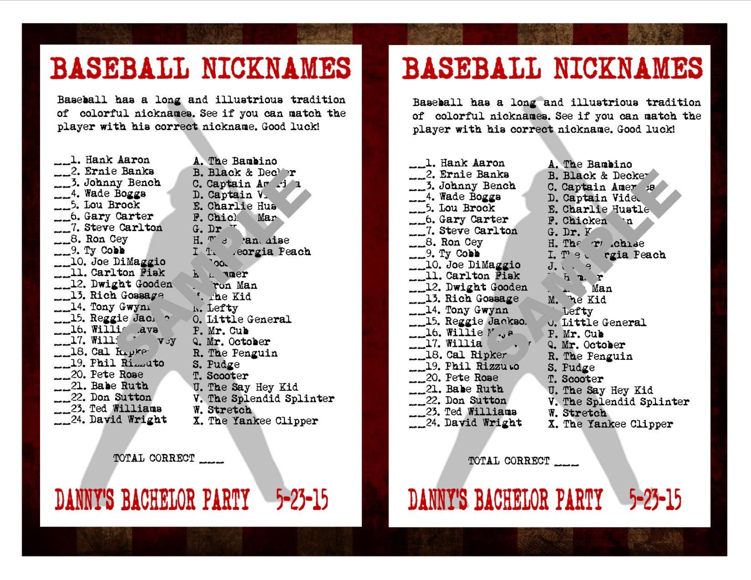 Baseball Nicknames Printable Matching GameCustom Digital Etsy