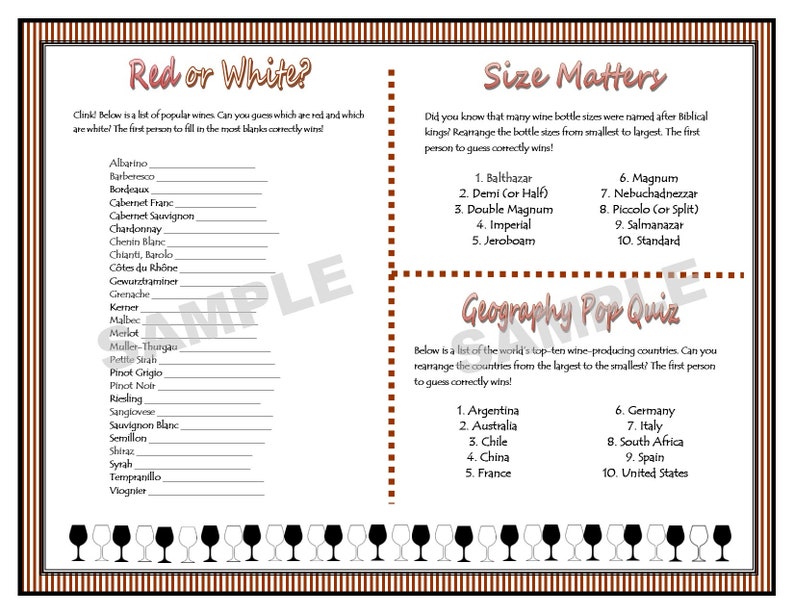 Wine-Tasting Printable Social gathering Video games - Women of all ages Evening Out - Bachelorette Events - Kid/Bridal Showers - Wine-Themed Events - Prompt Obtain picture regarding Printable Wine Trivia Questions and Answers titled Wine-Tasting Printable Get together Online games - Females Night time Out - Bachelorette Events - Little one/Bridal Showers - Wine-Themed Get-togethers - Fast Obtain