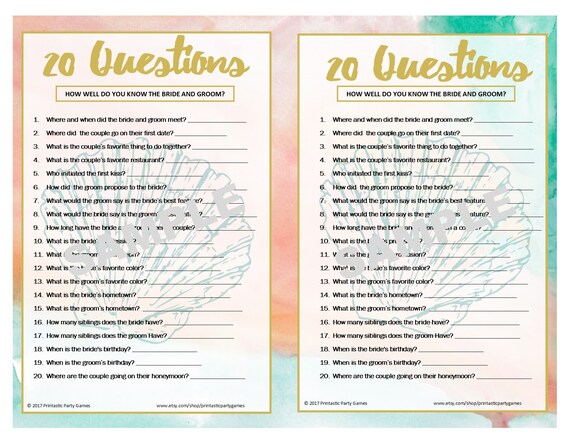 20 Questions Printable Bridal Shower Game Beach Theme Etsy