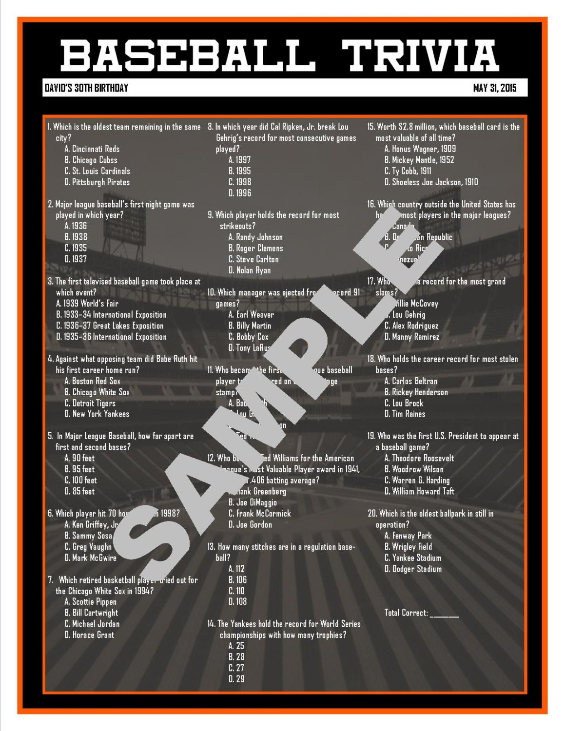 Baseball Trivia Printable GameCustom Digital File for Etsy