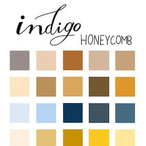 May include: A color palette titled "Indigo Honeycomb" featuring a grid of 25 square color swatches. The colors range from neutral tones like beige and gray to vibrant hues of blue and yellow. The title is written in a cursive font.