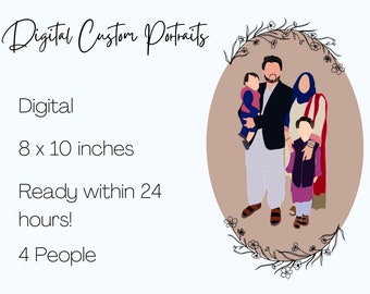 Anpassat porträtt, parporträtt, tecknat porträtt, familjeporträtt, vektorporträtt, jubileumspresent, speciellt tillfälle