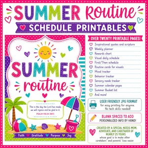 May include: A colorful printable summer routine schedule with the text "Summer Routine Schedule Printables." The image includes a sun, beach scene, and a list of printable pages, such as a weekly planner and mood tracker.