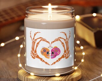 Day of the Dead Sugar Skull Love Candle, Scented Eco Friendly Non Toxic Scented Soy Candle, 9oz, 3 Scents, Halloween Gift, Love Candle Heart
