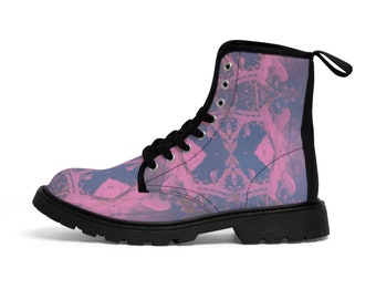 Mini Mushroom Mandala Boots, Psychedelic Pastel Version, Women's Canvas Boots, Festival Wear Shoes, Doc's Style,  Combat Type, High Tops