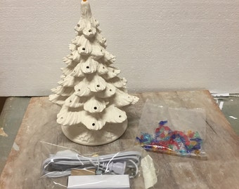 Ceramic Bisque Christmas Tree and Base Complete kit with Lighting Kit Bulbs and Star Ready To Paint