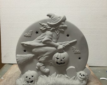 Ceramic Bisque Halloween Witch Pumpkin Scene Ready to Paint