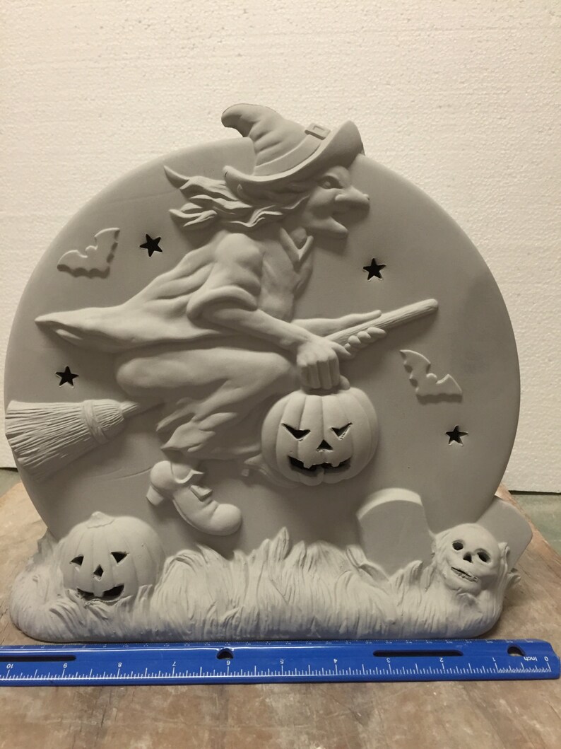 Ceramic Bisque Halloween Witch Pumpkin Scene Ready to Paint Etsy