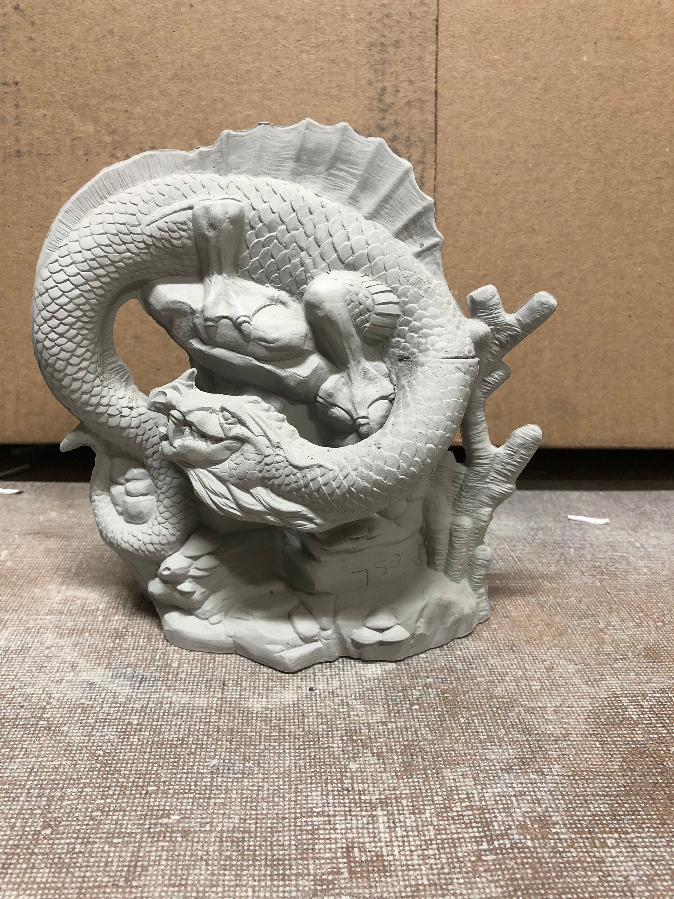 Statue Céramique à Peindre - Jeune Fille Et Dragon - Biscuit Non Peint, Prêt à Customiser