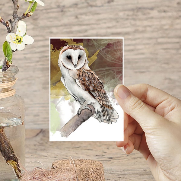 Miniature Barn Owl Print, Bird of Prey Tiny Prints, ACEO in the UK, Small Owl Artwork, Bird Illustration