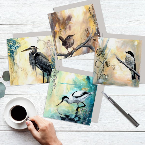 Bird Art Cards Pack of 4, Beautiful Card for the Nature Lover, Wren Card, Birds Cards in the UK