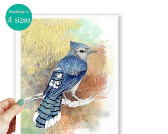 Blue Jay bird print, nature art illustration print, bird picture blue decor Blue Jay gifts
