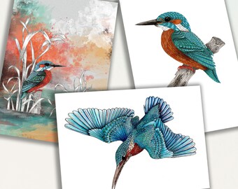 Conjunto de cartões Kingfisher, conjunto de papelaria com 3 cartões comemorativos, cartões de pássaros, presente Kingfisher para seu amigo amante de pássaros