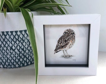 Tiny Owl Art Print, Small Framed Bird of Prey Print, Tiny Owl Gifts, Miniature Art