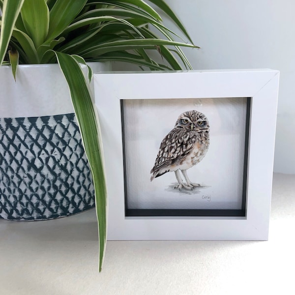 Tiny Owl Art Print, Small Framed Bird of Prey Print, Tiny Owl Gifts, Miniature Art