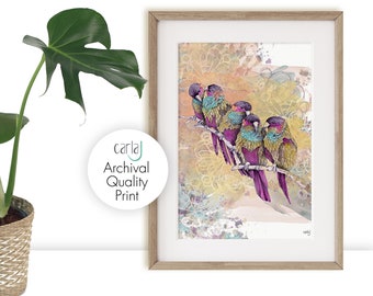 Impressão artística em aquarela de papagaio: pássaros em um galho, decoração natural para casa