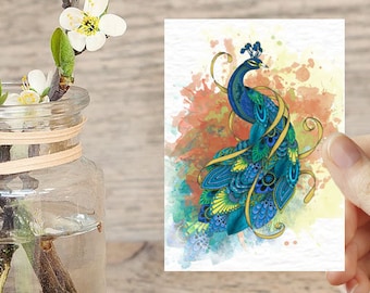 Peacock ACEO print bird illustration art miniature painting Peacock decor small art prints aceo card tiny art