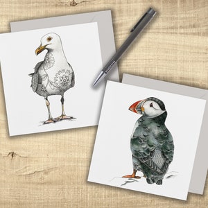 Carte de macareux et mouette carte ensemble de cartes d’art 2, oiseaux de mer, cadeaux de macareux, cadeaux de mouette