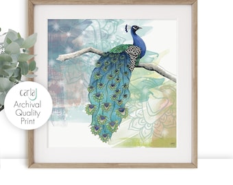 Peacock Wall Art Print, Blue Peacock Wall Decor, Peacock Gifts, New Home Gift