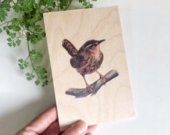Wren Wooden Postcard, Cute Bird Art, British Garden Birds Print on Wood, Bird Lover Gift, Natural Decor
