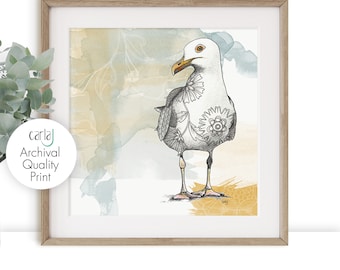 Seagull print, Bird illustration art, yellow and blue coastal wall art beach decor, Cornwall artist Seagull gift