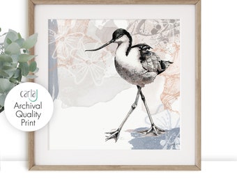 Avocet wading birds print, Nature illustration giclee print, Grey and pink wall art, Water bird print, Bird painting