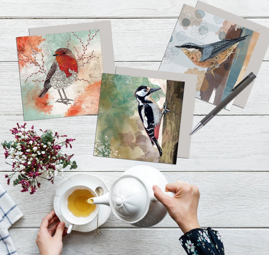 Greeting Card Set of 3 Woodland Birds, Nuthatch, Woodpecker, Robin Art ...