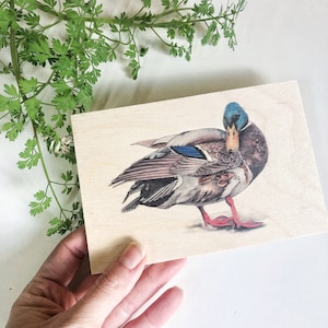 Enten Geschenke Holzpostkarte, Entendruck auf Holz, einzigartiges Geschenk, natürliches Dekor