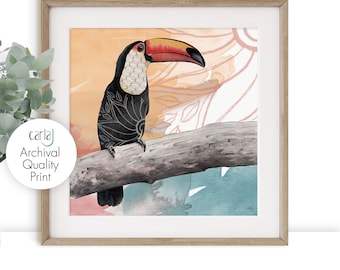 Impression d’oiseaux Toucan, Art mural tropical, Impression d’art de Giclée, Cadeaux Toucan, Impression d’art orange et bleu, Illustration d’oiseaux exotiques