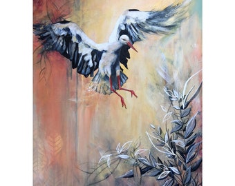 Stork Picture Original Bird Painting, Nature Art in Pink and Yellow, Beautiful Paintings in Acrylic, Artist Painting in the UK