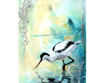 Original Avocet Shore Bird Painting, Beautiful Artwork, Original Nature Art Painting, Blue and Yellow Wall Art by the Artist, Mixed Media