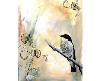 Calming Bird Painting, Beautiful Artwork, Original Nature Art Acrylic Painting, Yellow and Black Art by Artist, Mixed Media