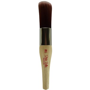 May include: A close-up of a wooden-handled paint brush with a rounded, brown bristle head. The brush is labeled "RL Dixie Belle Made in USA."
