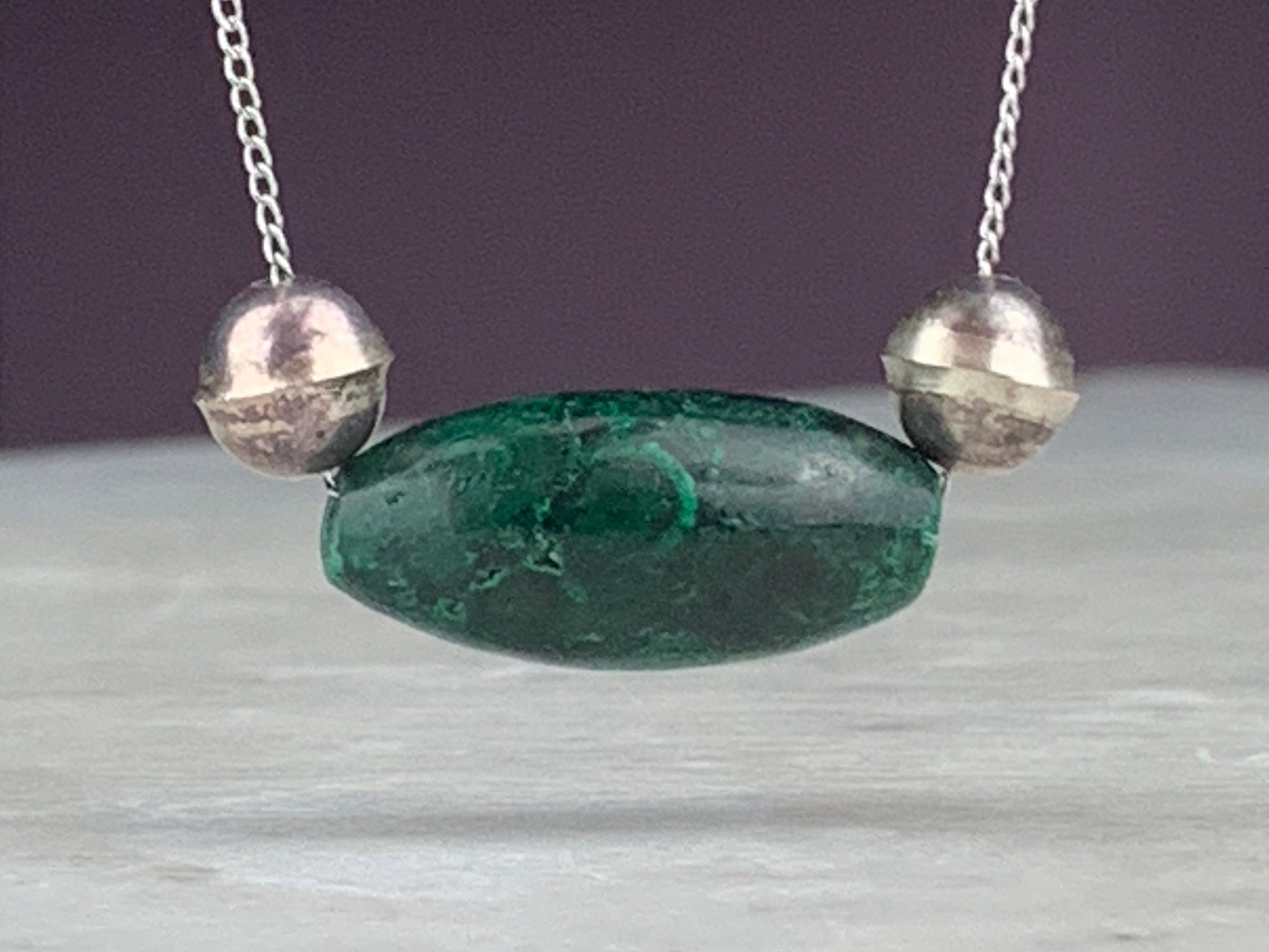 Vintage Sterling Silver Southwestern Malachite Green Barrel Beads 15.5 Inch Chain Necklace