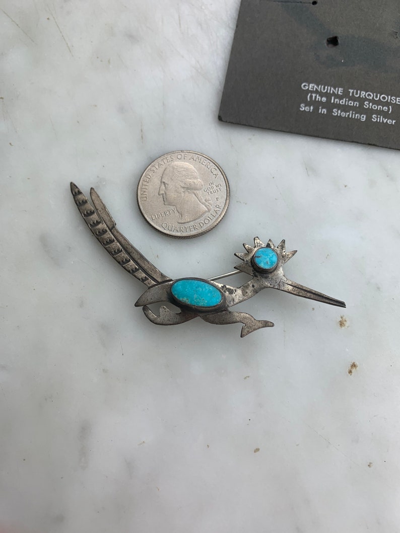 Vintage Sterling Silver Native American NOS Blue Turquoise Stamped Roadrunner Brooch Pin