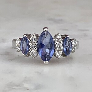 Vintage Sterling Silver Signed HMI Blue Marquise White Accents Multi Gemstone Cluster Size 8.25 Ring