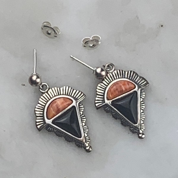 Vintage Sterling Silver Southwestern Rare Carolyn Pollack Relios Spiny Oyster Onyx Stamped Sun Ray Post Dangle Earrings