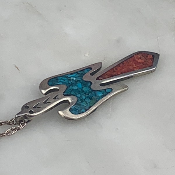 Vintage Sterling Silver Navajo Signed Turquoise Coral Chip Inlay Peyote Thunder Bird Pendant and 18 Inch Chain Necklace